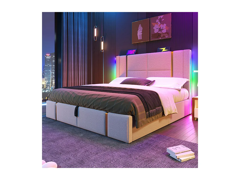 Lit adulte lit 140x200 cm lit rembourré lit de rangement lit sommier à lattes en bois lit double lin beige