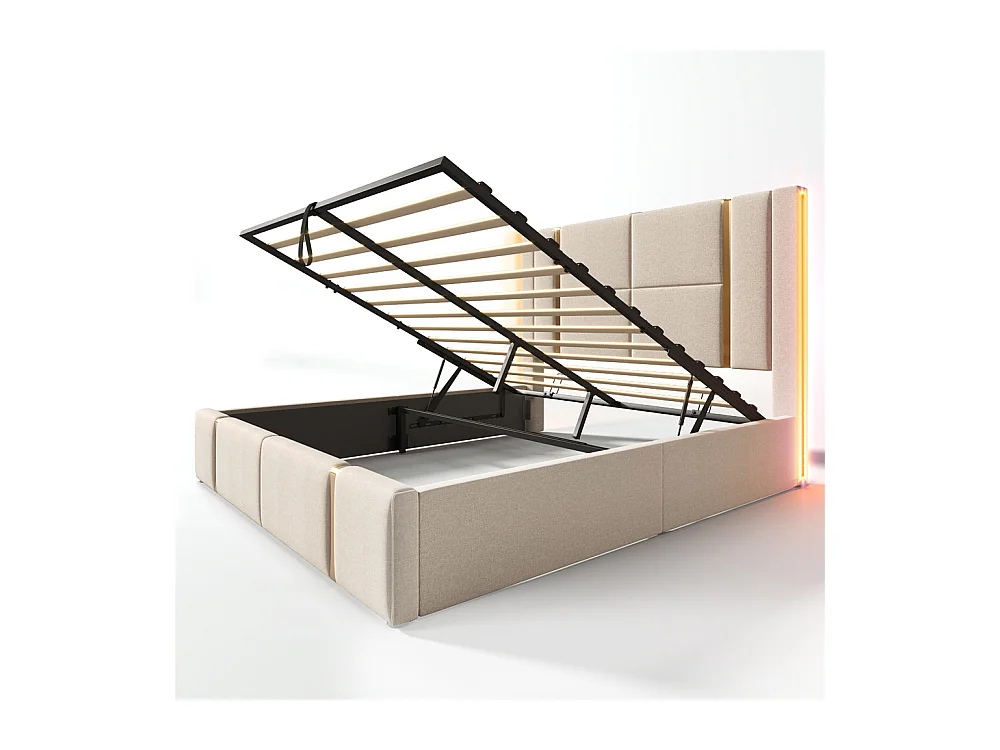 Lit adulte lit 140x200 cm lit rembourré lit de rangement lit sommier à lattes en bois lit double lin beige