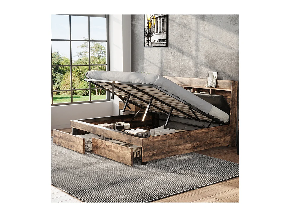 Hydraulisch tweepersoonsbed 180x200cm, bed voor tieners, met opberghoofdeinde en lattenbodem, metaal, houtkleur + zwart