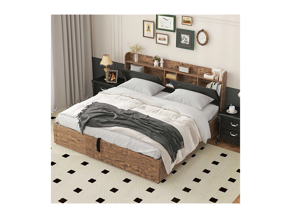 Hydraulisch tweepersoonsbed 180x200cm, bed voor tieners, met opberghoofdeinde en lattenbodem, metaal, houtkleur + zwart