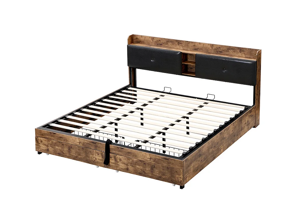 Hydraulisch tweepersoonsbed 180x200cm, bed voor tieners, met opberghoofdeinde en lattenbodem, metaal, houtkleur + zwart