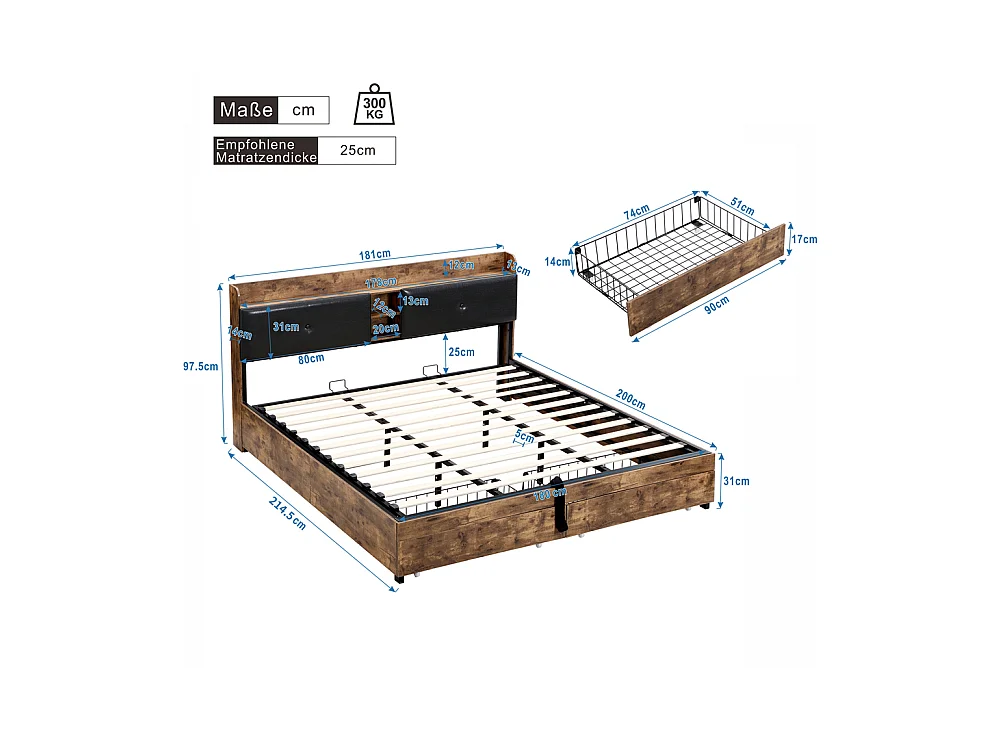 Hydraulisch tweepersoonsbed 180x200cm, bed voor tieners, met opberghoofdeinde en lattenbodem, metaal, houtkleur + zwart