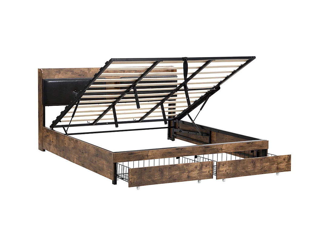 Hydraulisch tweepersoonsbed 180x200cm, bed voor tieners, met opberghoofdeinde en lattenbodem, metaal, houtkleur + zwart