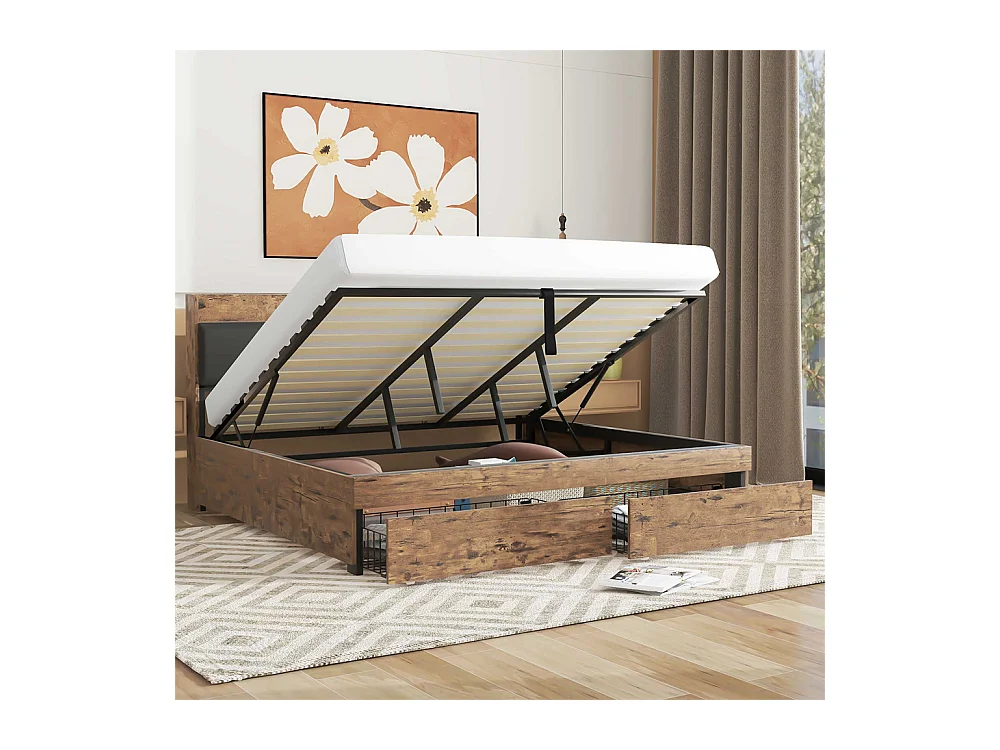 Hydraulisch tweepersoonsbed 180x200cm, bed voor tieners, met opberghoofdeinde en lattenbodem, metaal, houtkleur + zwart