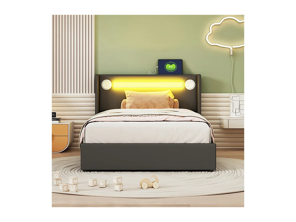 Lit rembourré 90x200 cm lit sommier à lattes lit barre lumineuse à led lecteur bluetooth et recharge usb Single cuir pu noir