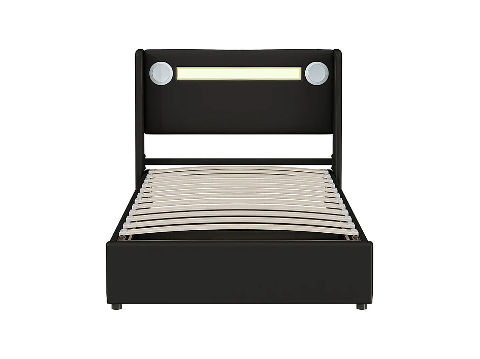 Lit rembourré 90x200 cm lit sommier à lattes lit barre lumineuse à led lecteur bluetooth et recharge usb Single cuir pu noir