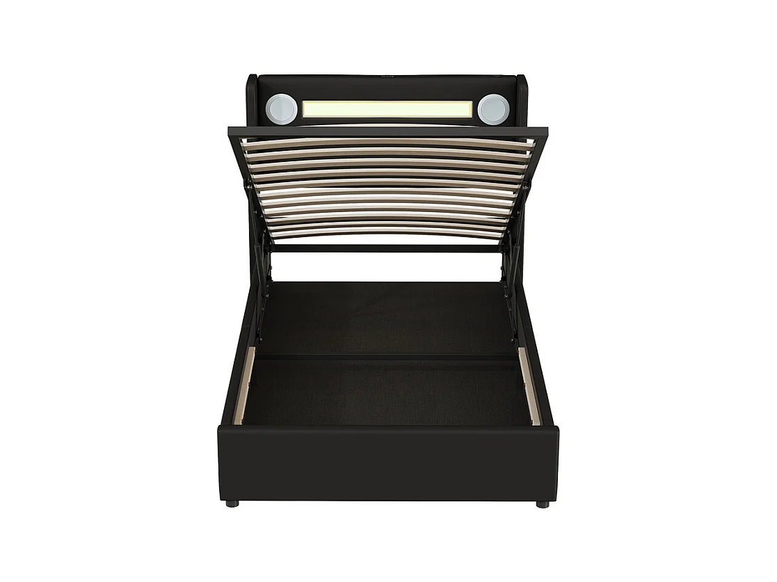 Lit rembourré 90x200 cm lit sommier à lattes lit barre lumineuse à led lecteur bluetooth et recharge usb Single cuir pu noir