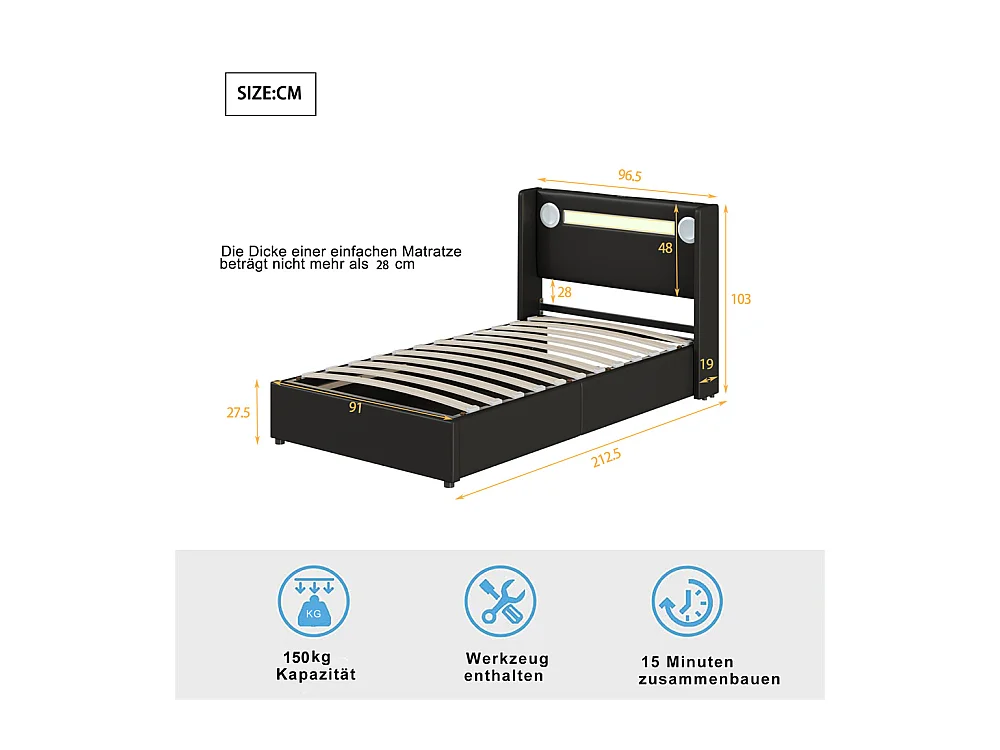 Lit rembourré 90x200 cm lit sommier à lattes lit barre lumineuse à led lecteur bluetooth et recharge usb Single cuir pu noir