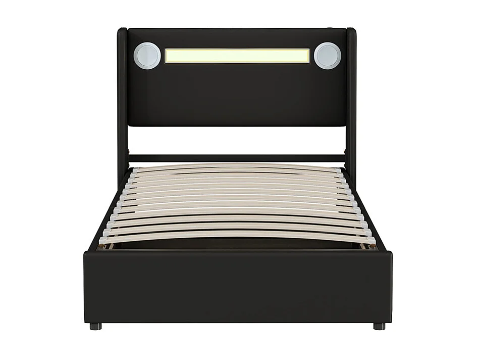 Lit rembourré 90x200 cm lit sommier à lattes lit barre lumineuse à led lecteur bluetooth et recharge usb Single cuir pu noir