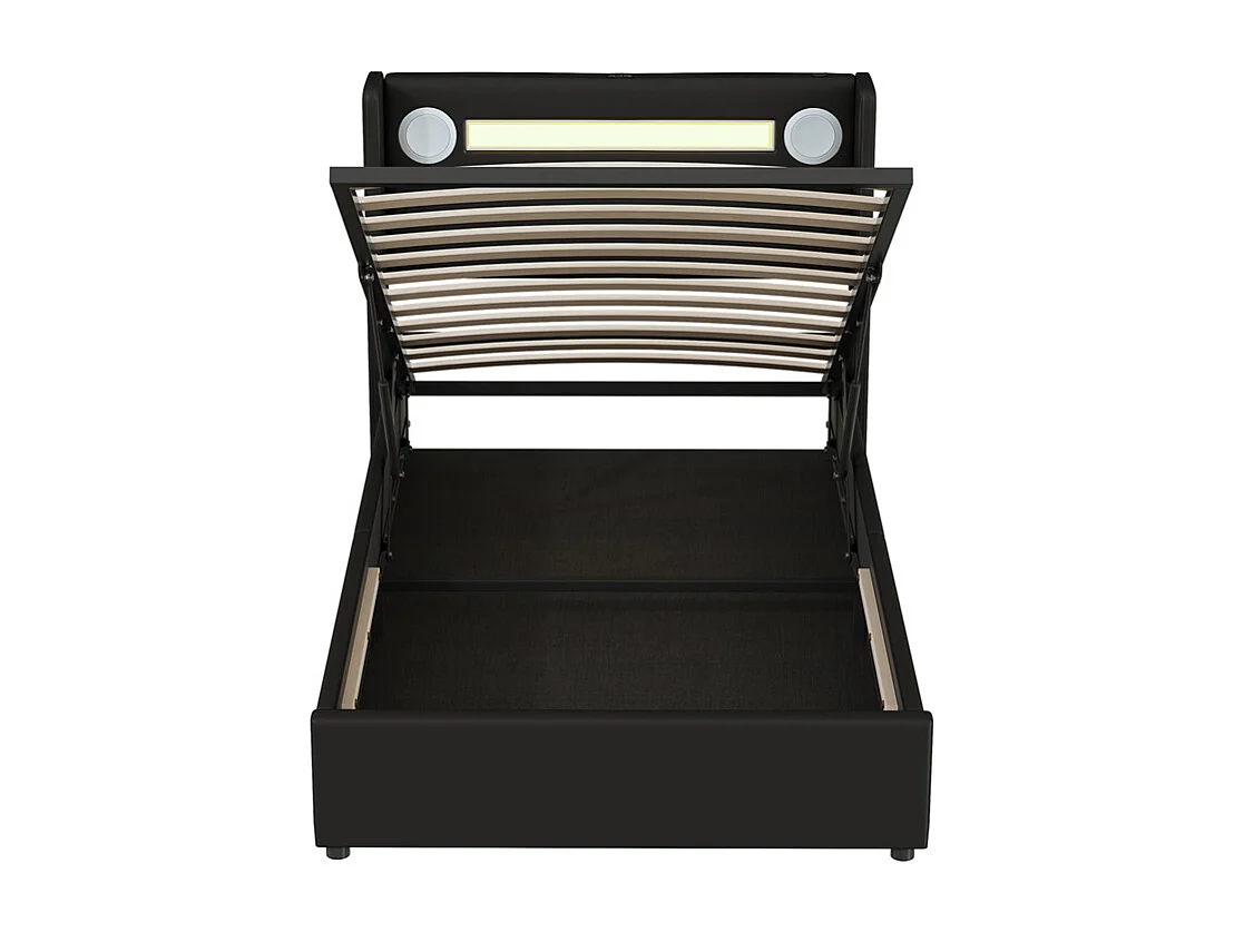 Lit rembourré 90x200 cm lit sommier à lattes lit barre lumineuse à led lecteur bluetooth et recharge usb Single cuir pu noir