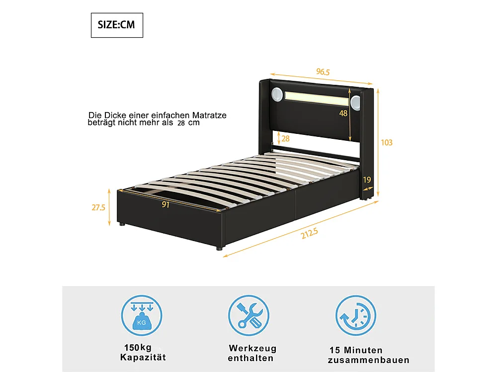 Lit rembourré 90x200 cm lit sommier à lattes lit barre lumineuse à led lecteur bluetooth et recharge usb Single cuir pu noir