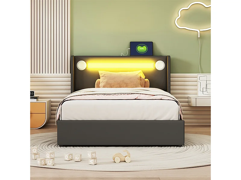 Lit rembourré 90x200 cm lit sommier à lattes lit barre lumineuse à led lecteur bluetooth et recharge usb Single cuir pu noir
