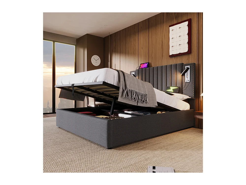 Volwassen bed 180x200 cm bed gestoffeerd bed opbergbed met lattenbodem tweepersoonsbed katoen grijs