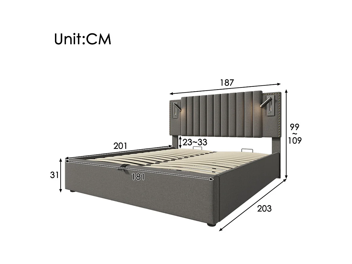 Volwassen bed 180x200 cm bed gestoffeerd bed opbergbed met lattenbodem tweepersoonsbed katoen grijs