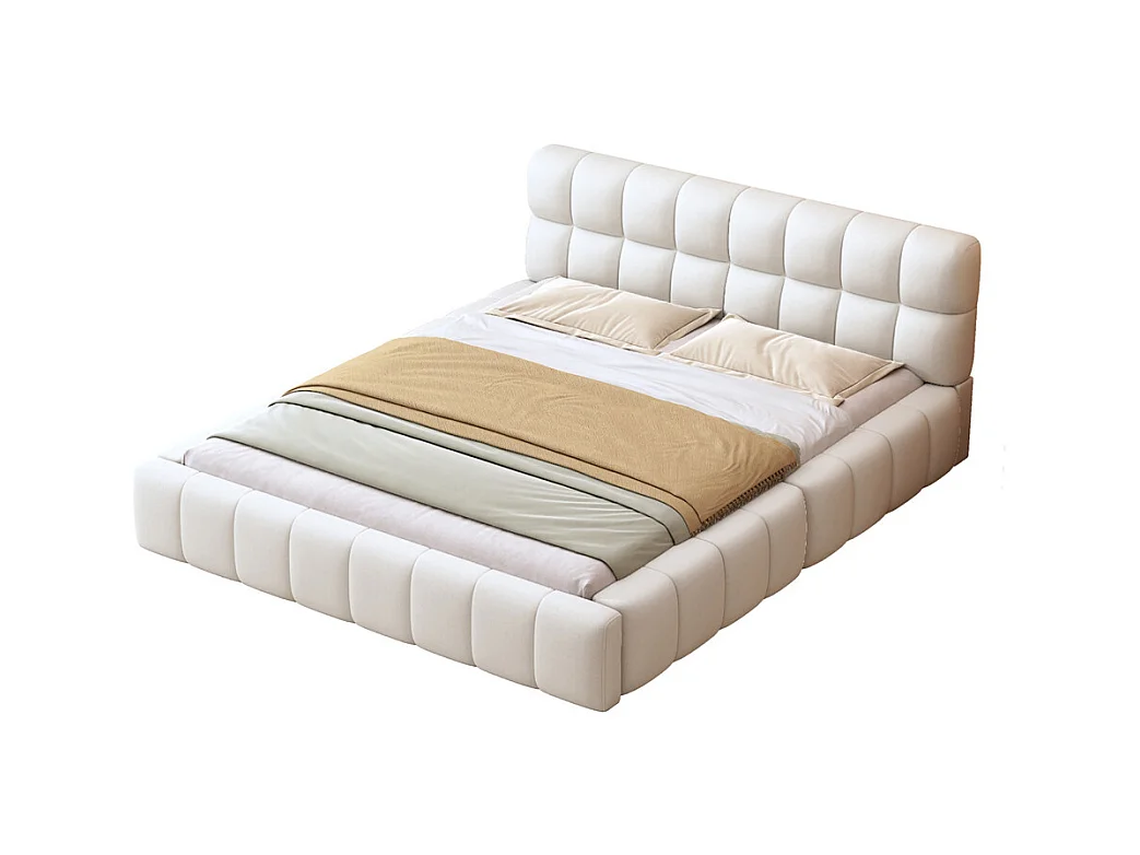 Volwassen bed 140x200 cm gestoffeerd bed met lattenbodem tweepersoonsbed beige linnen