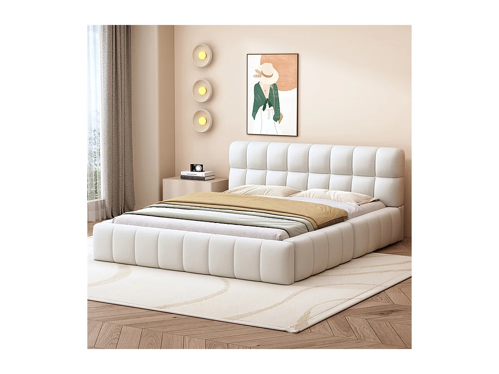 Volwassen bed 140x200 cm gestoffeerd bed met lattenbodem tweepersoonsbed beige linnen