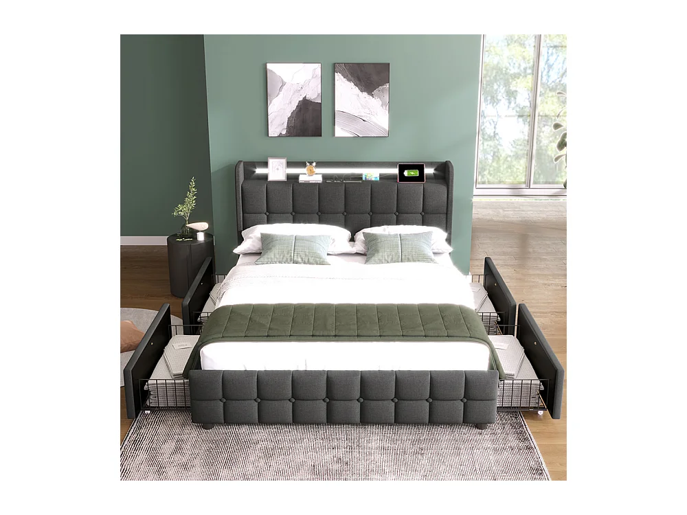 Gestoffeerd bed 140x200cm opbergbed 4 laden led-verlichting bed houten lattenbodem tweepersoonsbed grijs linnen