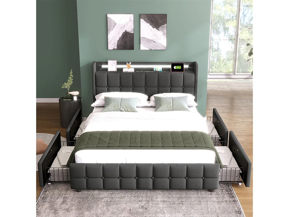 Gestoffeerd bed 140x200cm opbergbed 4 laden led-verlichting bed houten lattenbodem tweepersoonsbed grijs linnen