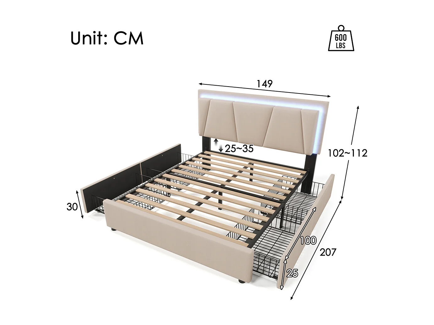 Volwassen bed 140x200 cm gestoffeerd bed led verlichting bed 4 laden bed houten lattenbodem tweepersoonsbed beige linnen