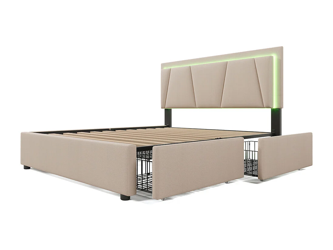 Volwassen bed 140x200 cm gestoffeerd bed led verlichting bed 4 laden bed houten lattenbodem tweepersoonsbed beige linnen