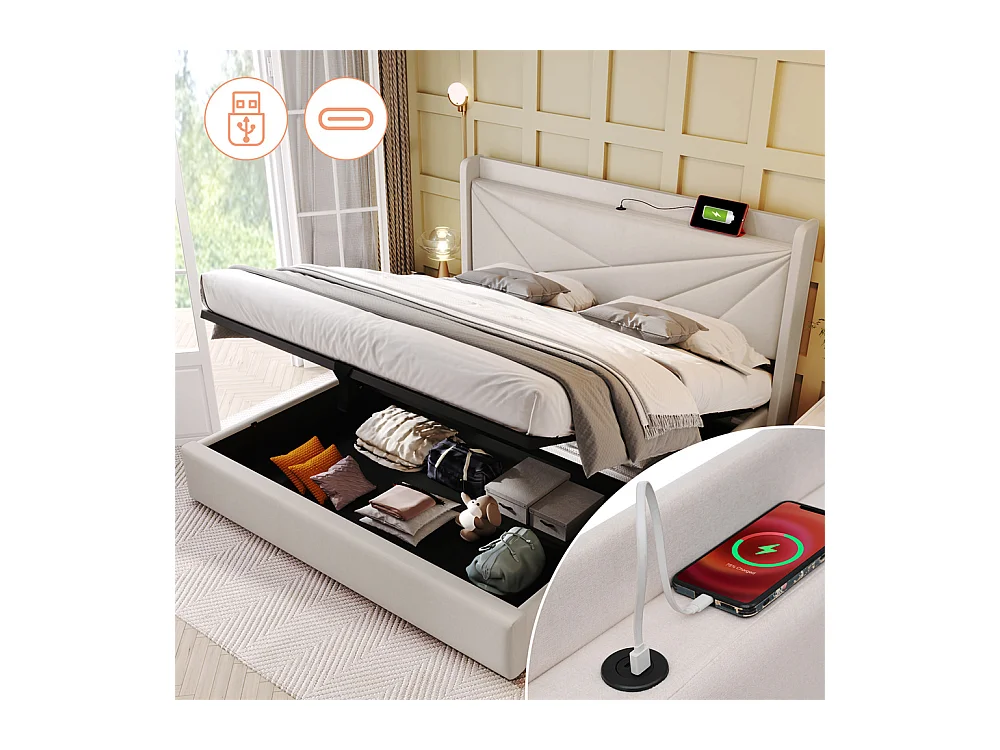 Gestoffeerd tweepersoonsbed 160x200cm, hoofdbord met opbergruimte en USB type C oplaadfunctie, lattenbodem, linnen, beige