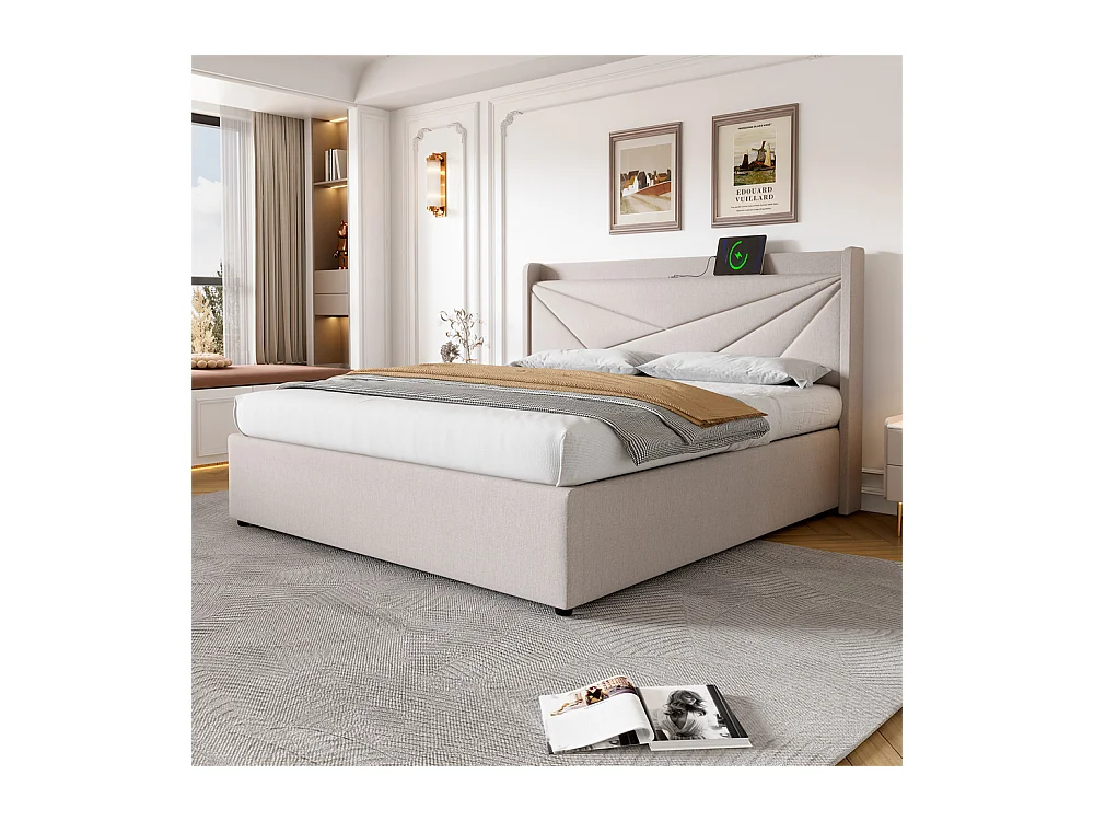 Gestoffeerd tweepersoonsbed 160x200cm, hoofdbord met opbergruimte en USB type C oplaadfunctie, lattenbodem, linnen, beige