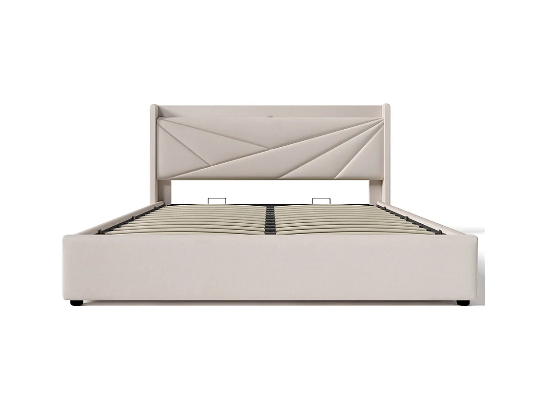 Gestoffeerd tweepersoonsbed 160x200cm, hoofdbord met opbergruimte en USB type C oplaadfunctie, lattenbodem, linnen, beige
