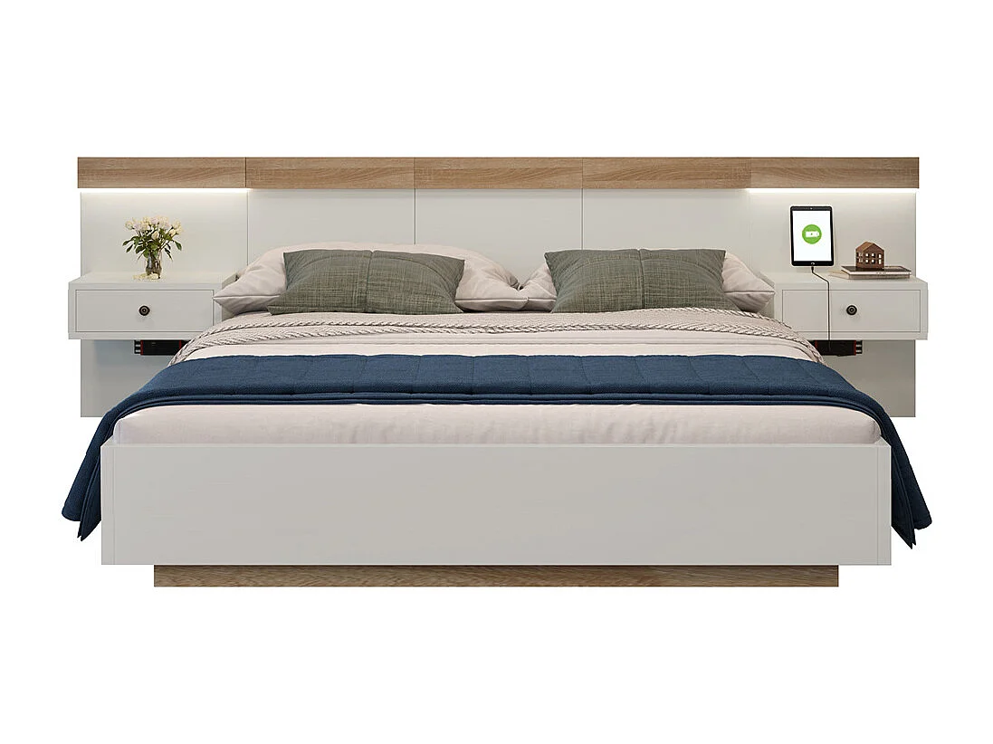 Lit adulte 180x200 cm, lit double avec chevets suspendus, led et prise usb typ c, cadre en bois, chêne + blanc (sans matelas)