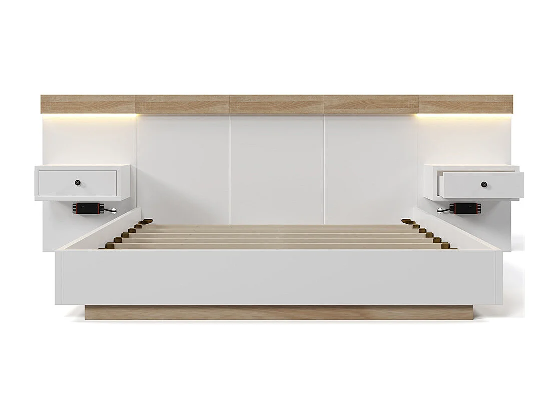 Lit adulte 180x200 cm, lit double avec chevets suspendus, led et prise usb typ c, cadre en bois, chêne + blanc (sans matelas)