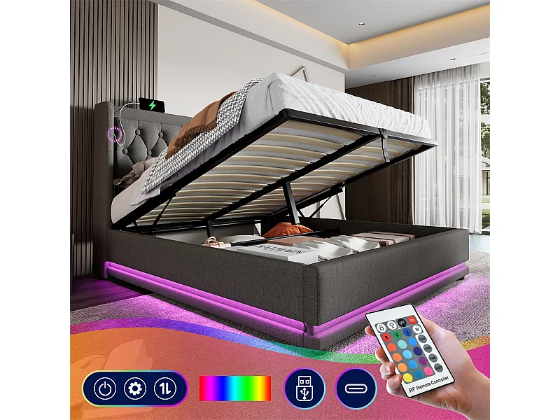 Lit adulte lit 160x200 cm lit rembourré hydraulique lit de rangement lit double coton gris