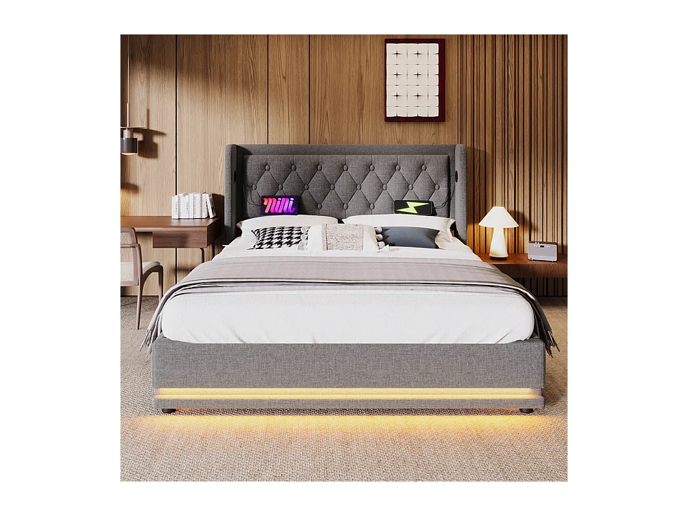 Lit adulte lit 160x200 cm lit rembourré hydraulique lit de rangement lit double coton gris