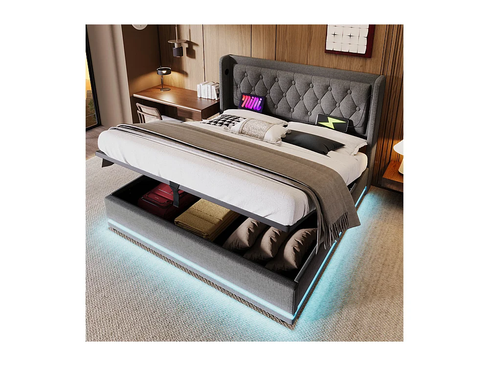 Lit adulte lit 160x200 cm lit rembourré hydraulique lit de rangement lit double coton gris