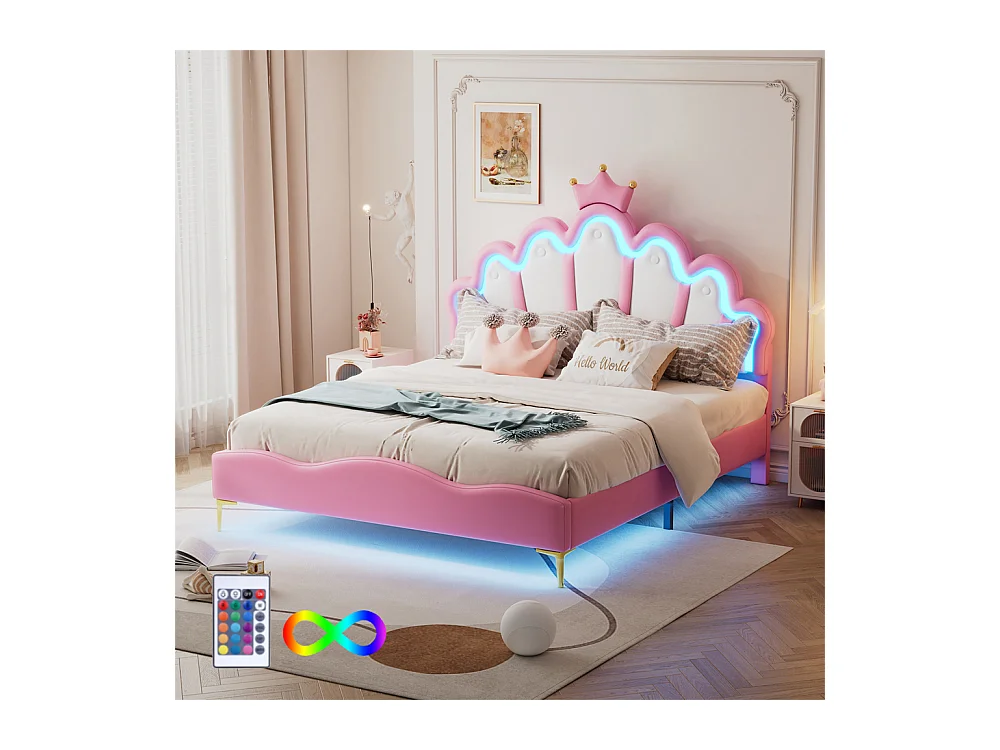 Lit adulte lit 140x200 cm lit de princesse en forme de couronne lit bandes lumineuses d'ambiance à led lit double pu rose