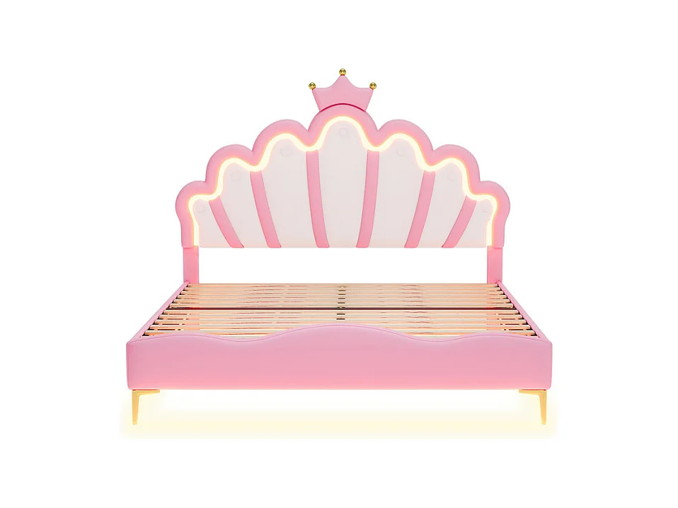 Lit adulte lit 140x200 cm lit de princesse en forme de couronne lit bandes lumineuses d'ambiance à led lit double pu rose