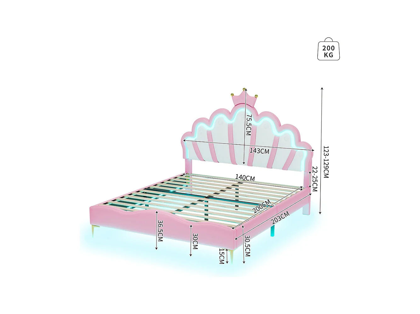Lit adulte lit 140x200 cm lit de princesse en forme de couronne lit bandes lumineuses d'ambiance à led lit double pu rose