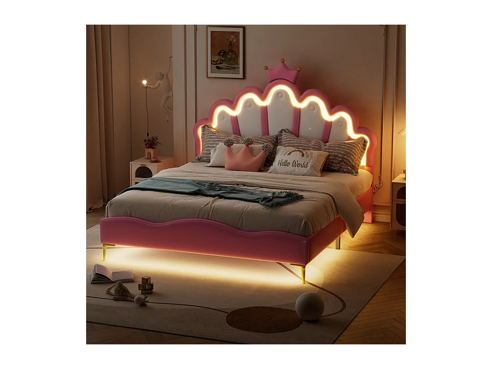 Lit adulte lit 140x200 cm lit de princesse en forme de couronne lit bandes lumineuses d'ambiance à led lit double pu rose