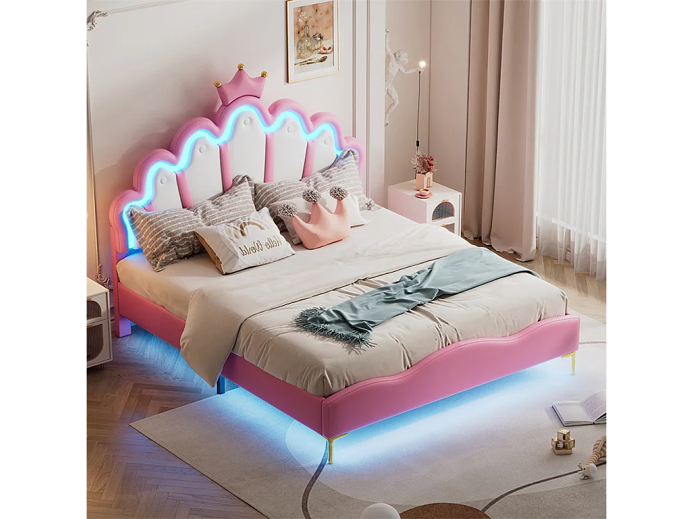 Lit adulte lit 140x200 cm lit de princesse en forme de couronne lit bandes lumineuses d'ambiance à led lit double pu rose