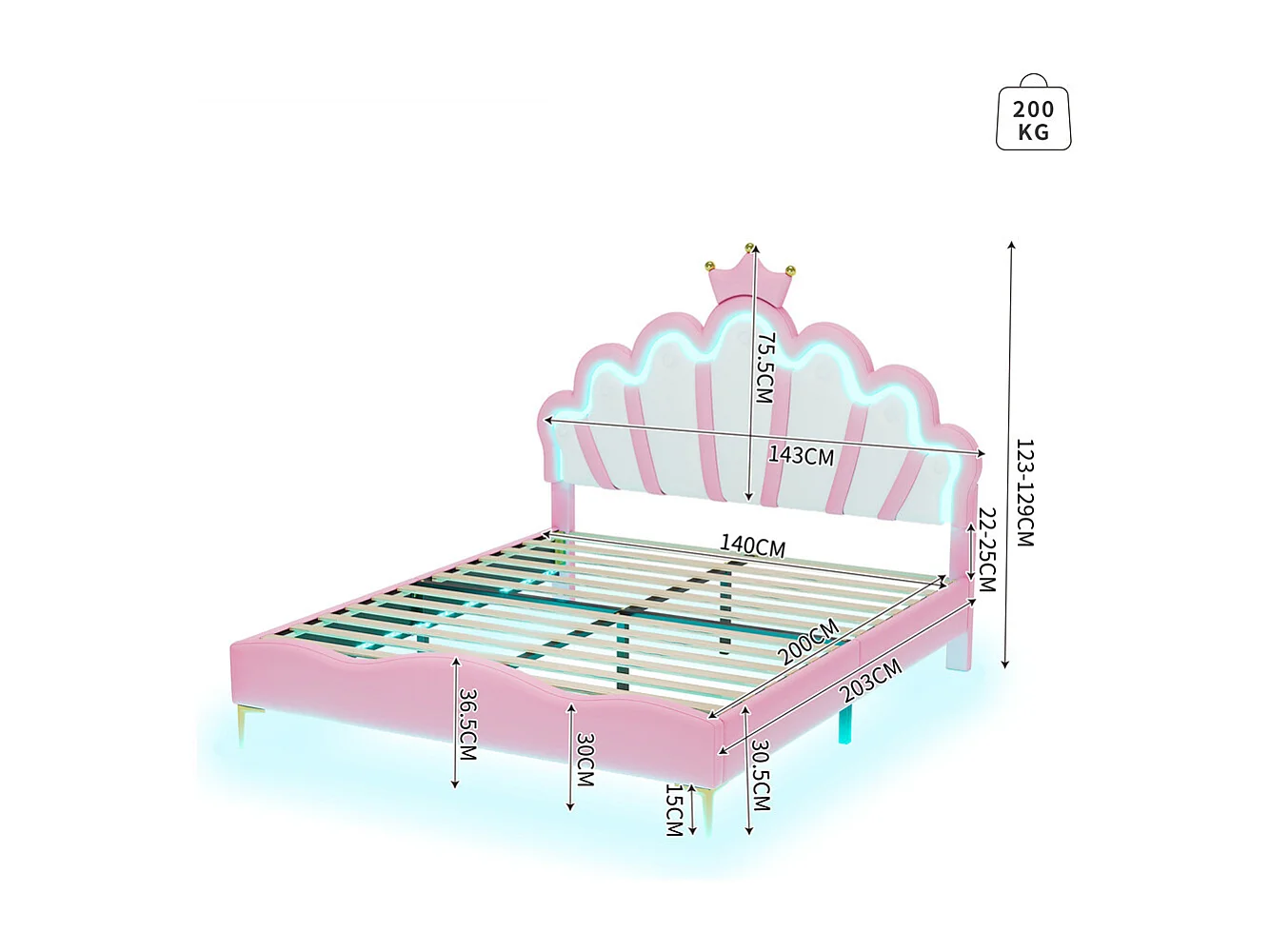 Lit adulte lit 140x200 cm lit de princesse en forme de couronne lit bandes lumineuses d'ambiance à led lit double pu rose