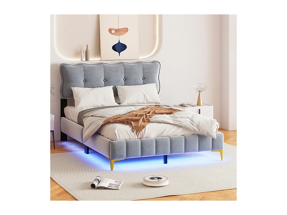Volwassen bed 140x200 cm bed gestoffeerd bed lattenbodem led-lampen tweepersoonsbed grijze fluwelen stof