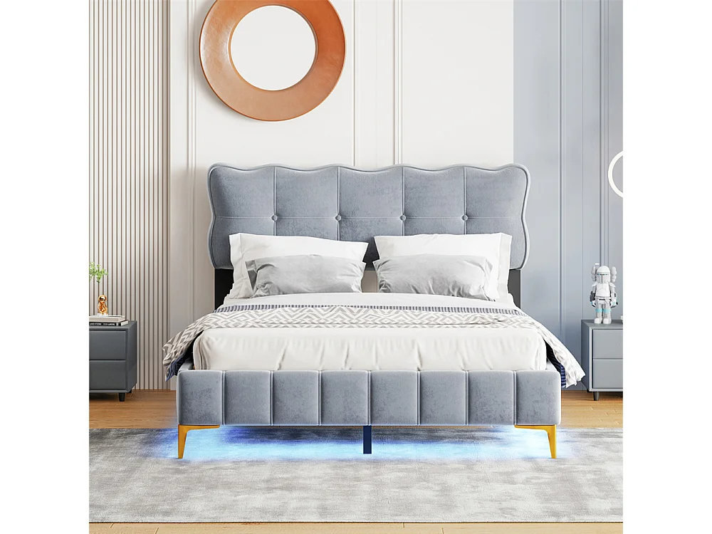 Volwassen bed 140x200 cm bed gestoffeerd bed lattenbodem led-lampen tweepersoonsbed grijze fluwelen stof