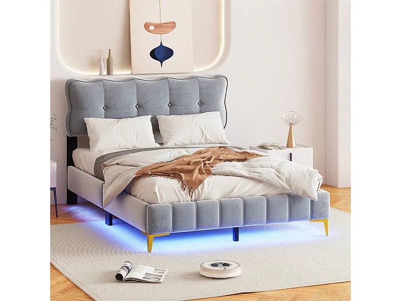 Volwassen bed 140x200 cm bed gestoffeerd bed lattenbodem led-lampen tweepersoonsbed grijze fluwelen stof