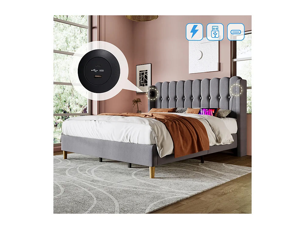Volwassen bed 180x200 cm gestoffeerd bed met usb type c oplaadfunctie tweepersoonsbed grijs linnen