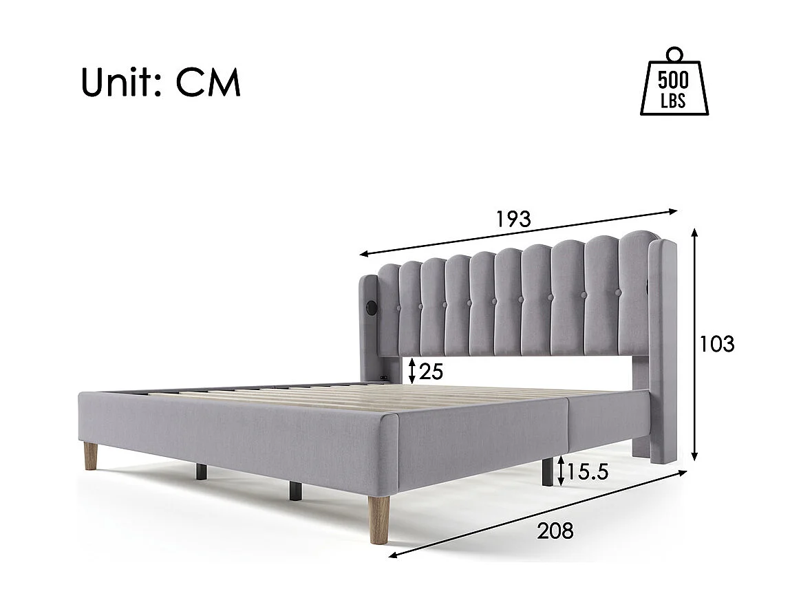 Volwassen bed 180x200 cm gestoffeerd bed met usb type c oplaadfunctie tweepersoonsbed grijs linnen