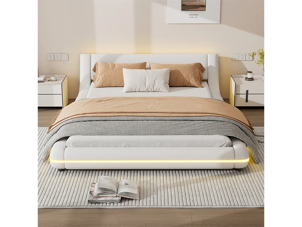 Volwassen bed 140x200 cm vloerbed met sfeervolle LED-verlichting tweepersoonsbed pu wit