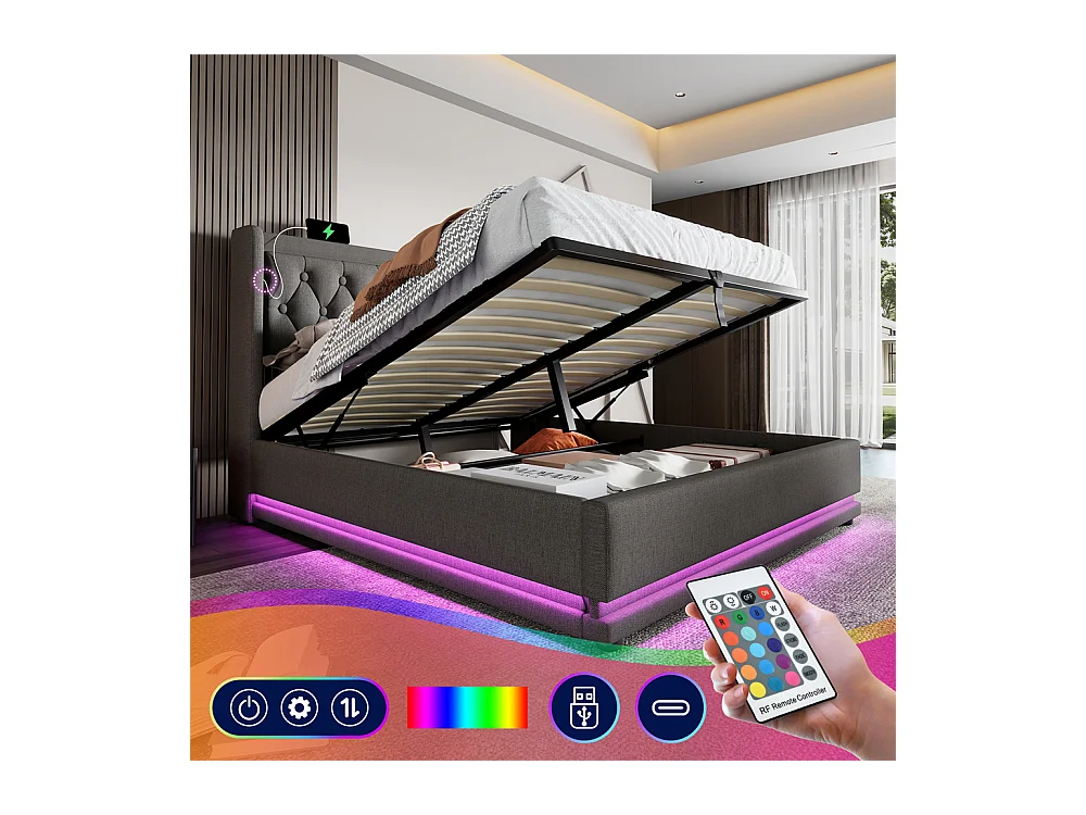 Volwassen bed 160x200 cm hydraulisch gewatteerd bed opbergbed tweepersoonsbed grijs katoen