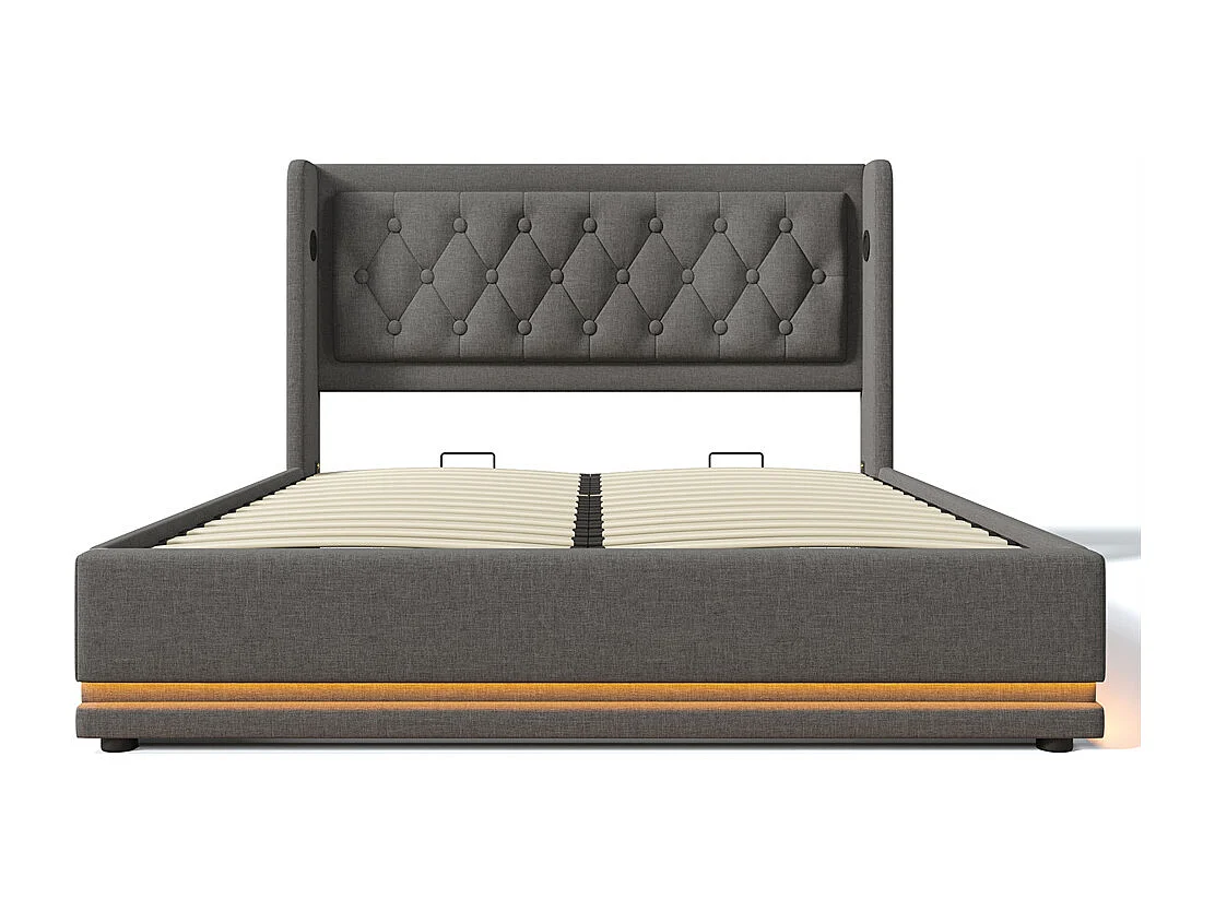 Volwassen bed 160x200 cm hydraulisch gewatteerd bed opbergbed tweepersoonsbed grijs katoen