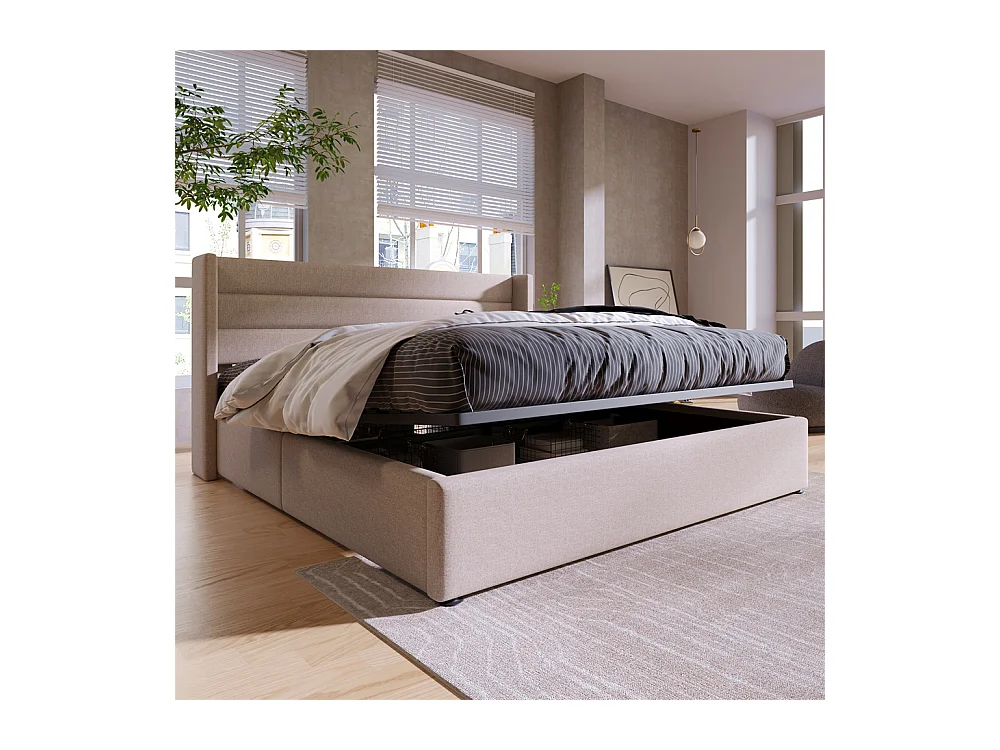 Hydraulisch gestoffeerd bed met opbergruimte 160x200 cm opbergbed houten lattenbodem metalen bed tweepersoonsbed beige linnen