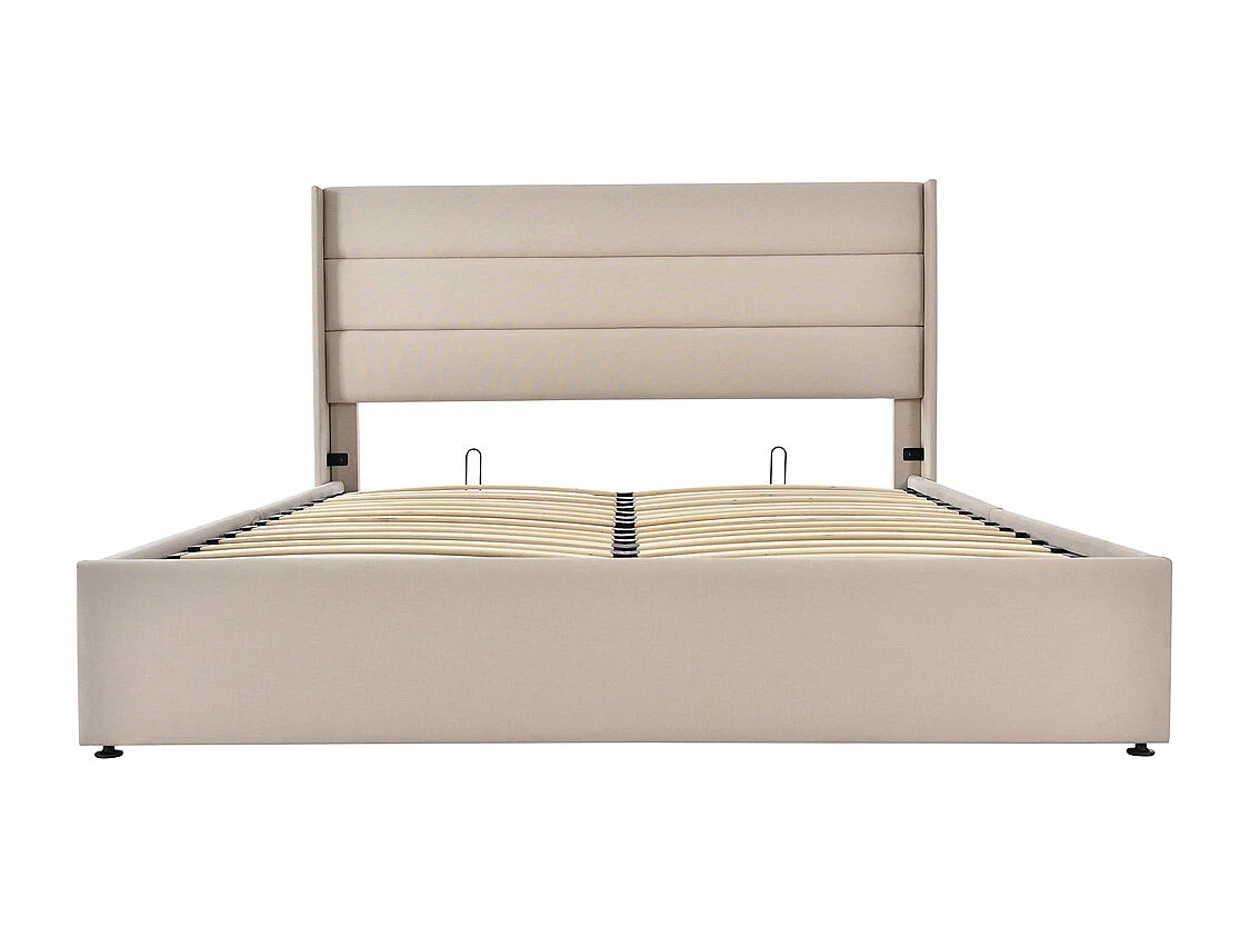 Hydraulisch gestoffeerd bed met opbergruimte 160x200 cm opbergbed houten lattenbodem metalen bed tweepersoonsbed beige linnen