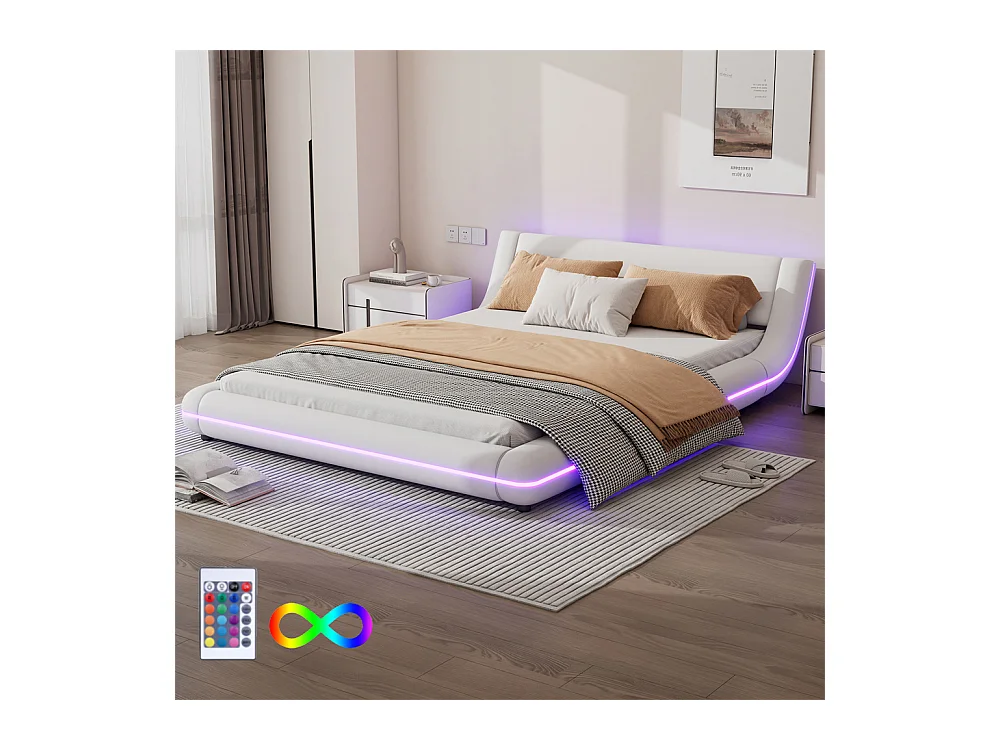 Lit adulte lit 140x200 cm lit au sol avec éclairage ambiant led lit double pu blanc