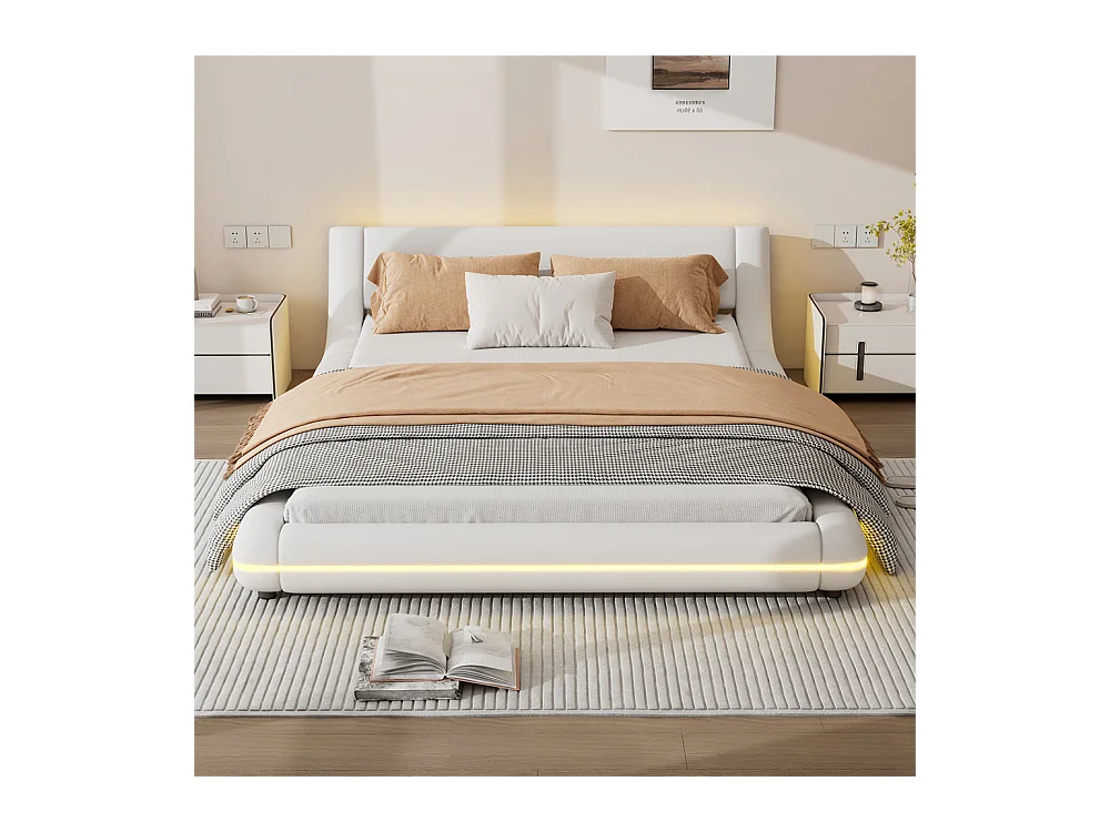 Lit adulte lit 140x200 cm lit au sol avec éclairage ambiant led lit double pu blanc